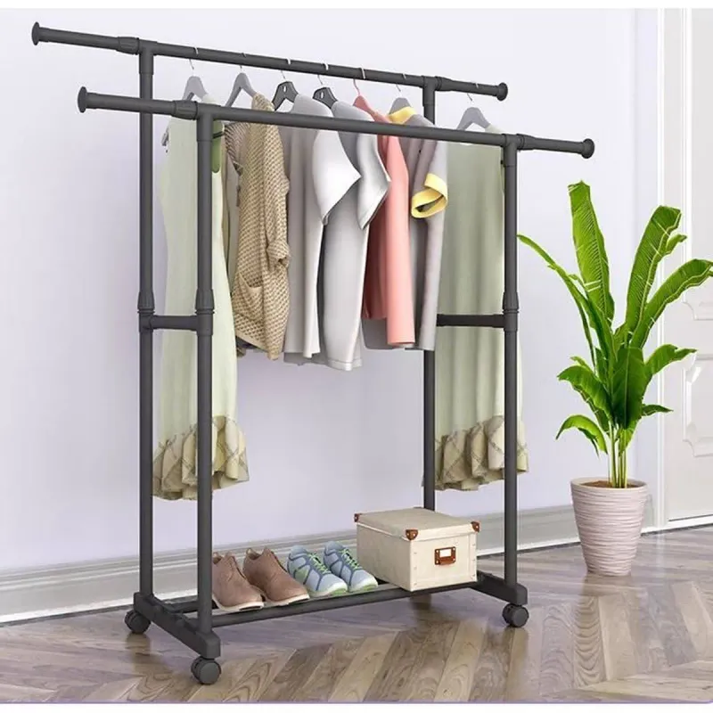 Penderie 2 Barre et porte-chaussures 2 en 1 en acier inoxydable - noir- V2