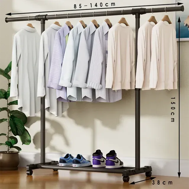 Penderie 1 Barre Extensible 80cm - 140 cm et porte-chaussures 2 en 1 en acier inoxydable